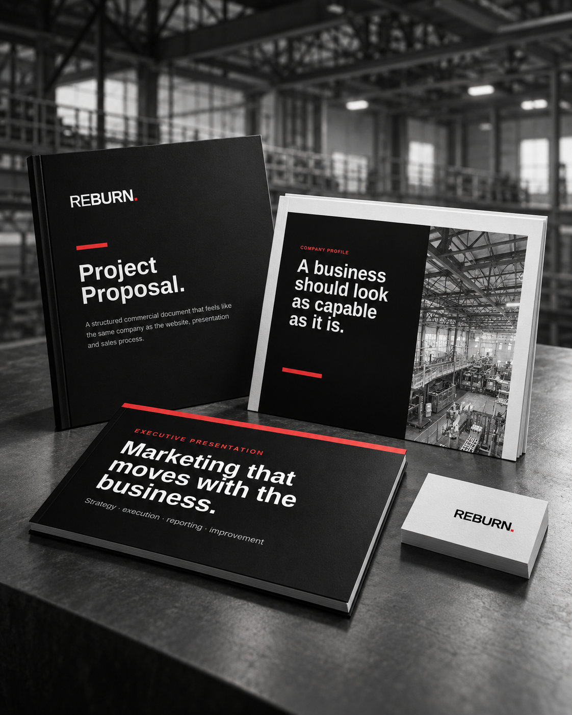 Industrial corporate branding set showing presentations, proposals, profiles, website mockups and brand collateral